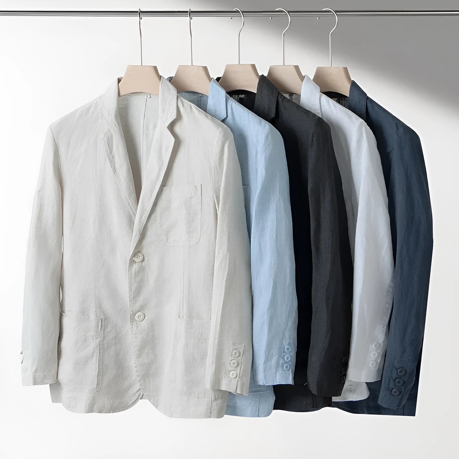 Men's casual linen suit jacket in loose fit with long sleeves, shown in solid colour options