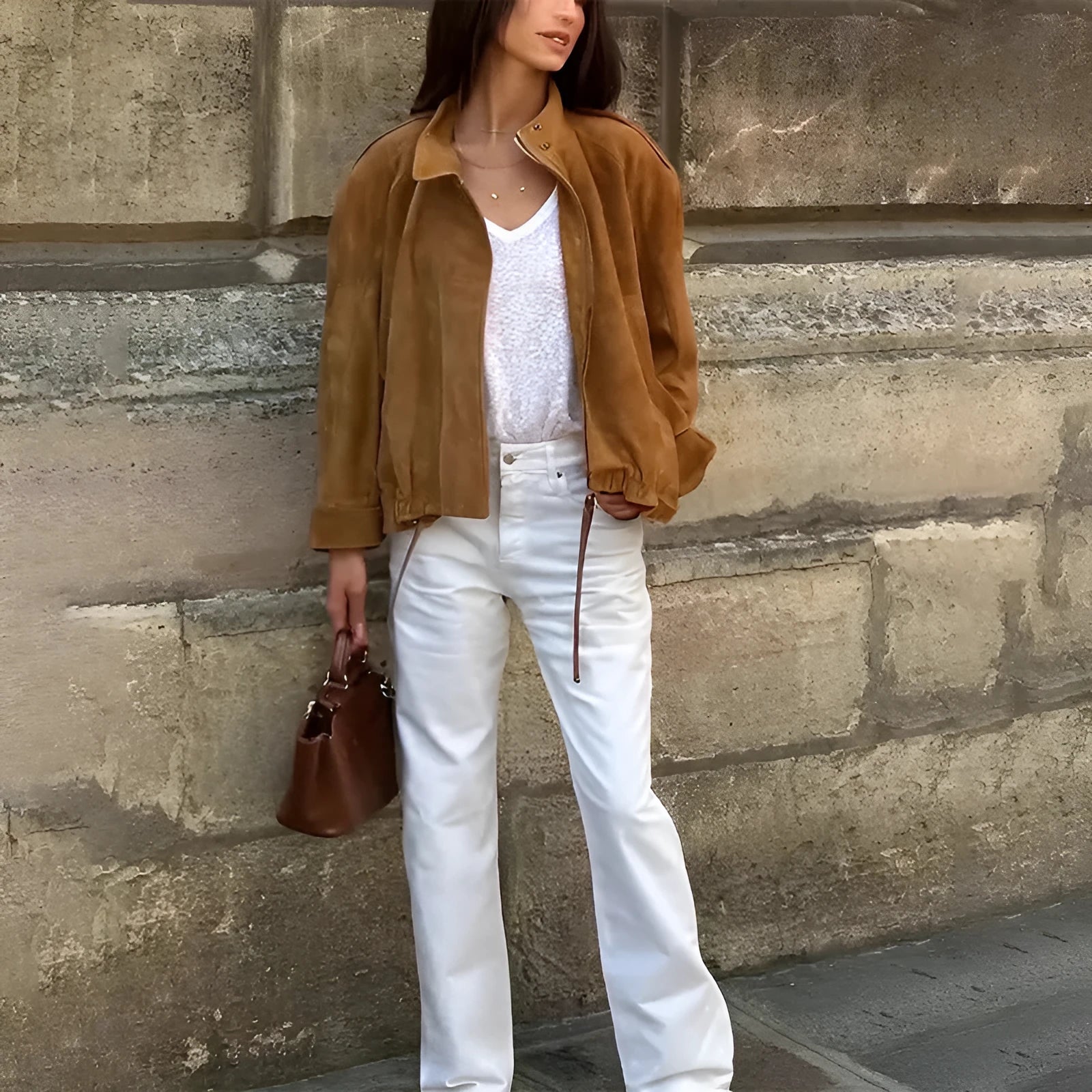 Solid colour loose-fit retro jacket with long sleeves on a model