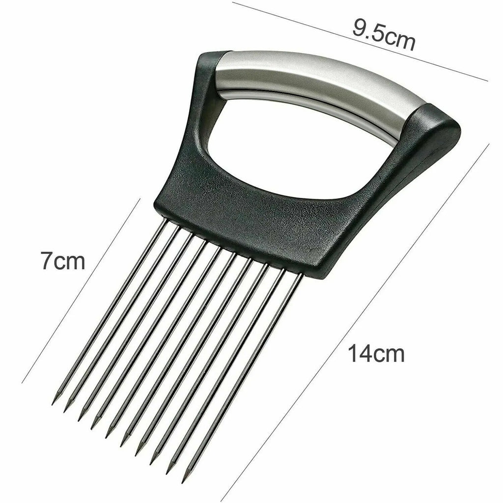 Stainless steel onion holder slicer with non-slip base on a kitchen counter next to a tomato and knife