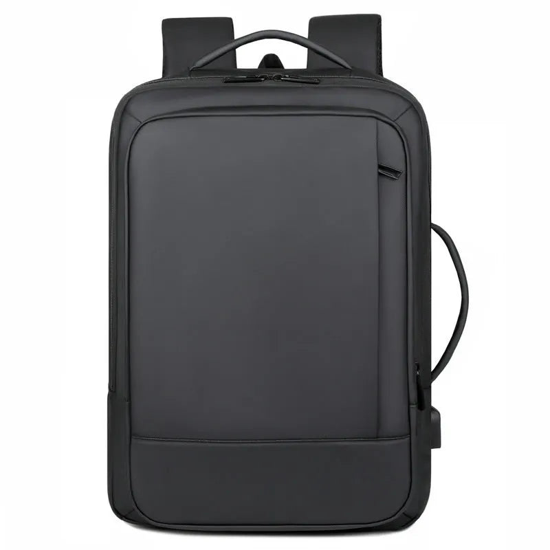 Large capacity black backpack for business travel and outdoor use with curved shoulder straps