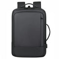 Large capacity black backpack for business travel and outdoor use with curved shoulder straps
