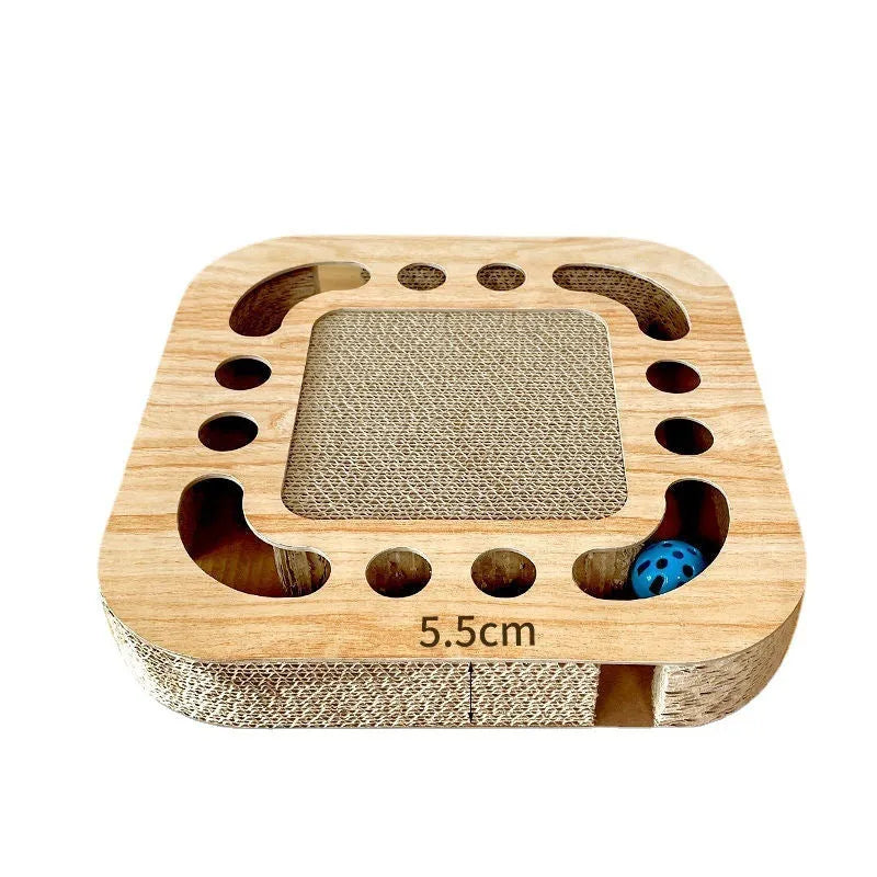 Round cat scratch board made of corrugated paper with a small ball for claw grinding and play