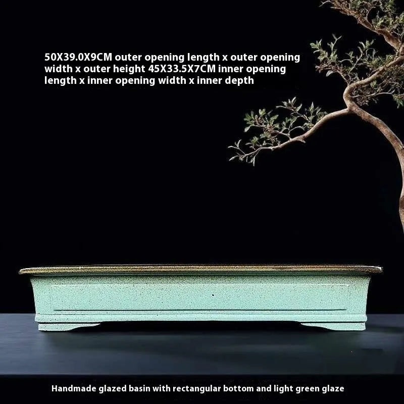 Green handmade ceramic bonsai flower pot with purple sand crackled glaze