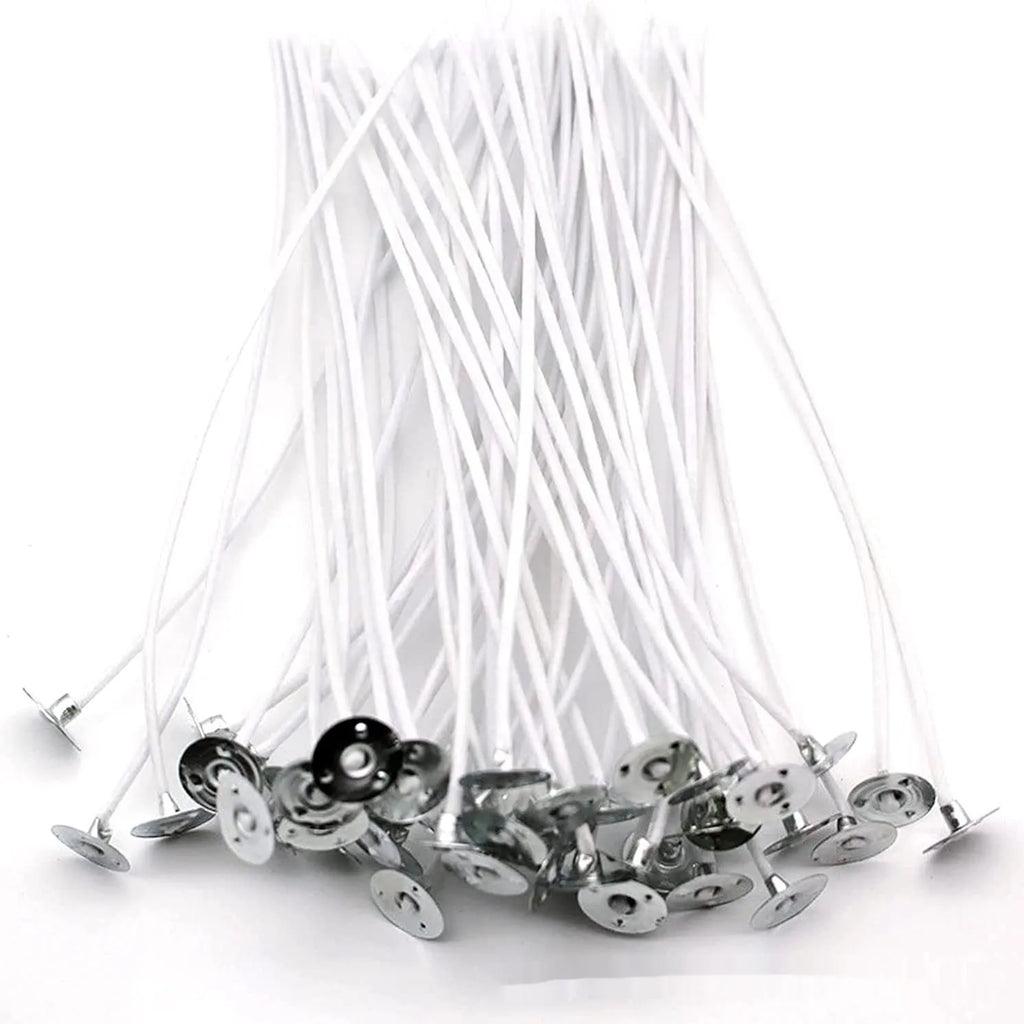 White cotton candle wicks for DIY making showing three length options: 2.6cm, 6cm, and 8cm