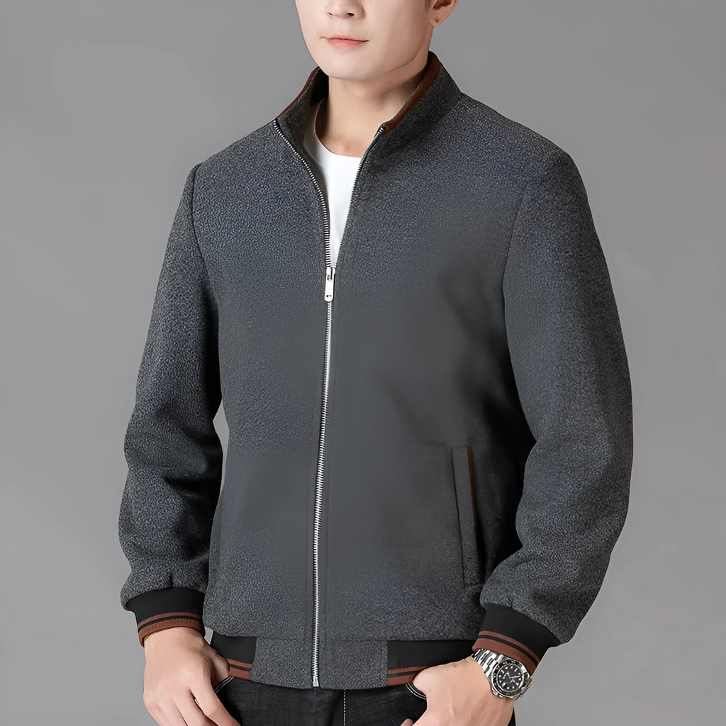 Men's grey polyester fleece autumn jacket with zip pockets, shown on a hanger.