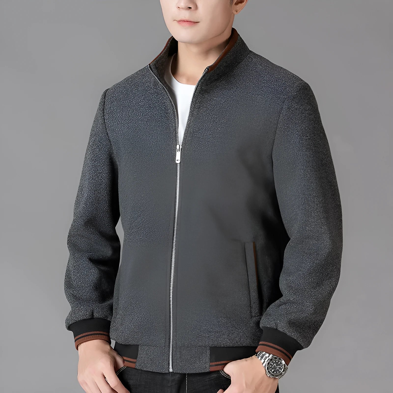 Men's grey polyester fleece autumn jacket with zip pockets, shown on a hanger.