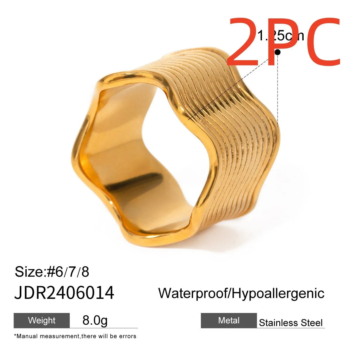 Stainless steel wide band finger ring with a geometric wave pattern, electroplated finish.