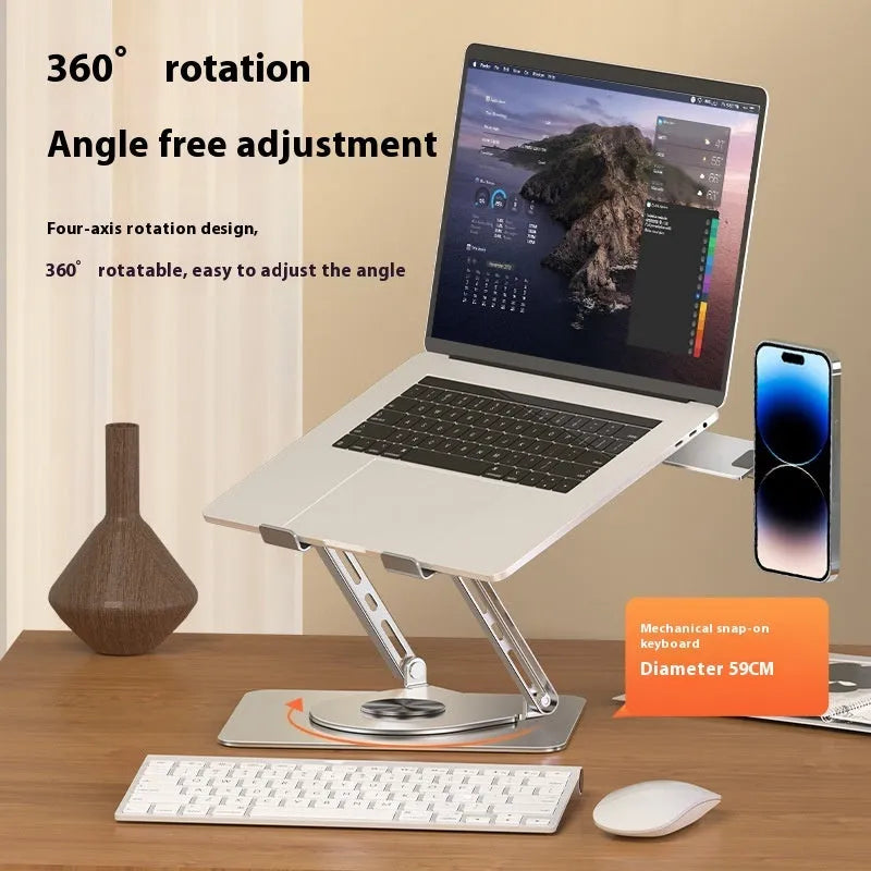 Silver carbon steel laptop stand with rotating magnetic phone holder supporting 17-inch laptop