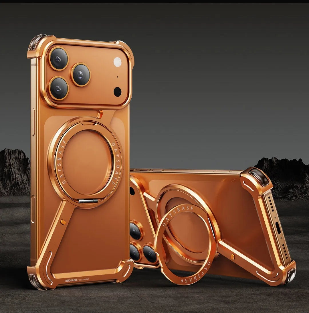 IPhone 17 Pro Max metal phone case with magnetic bracket in black, orange, and primary colour options