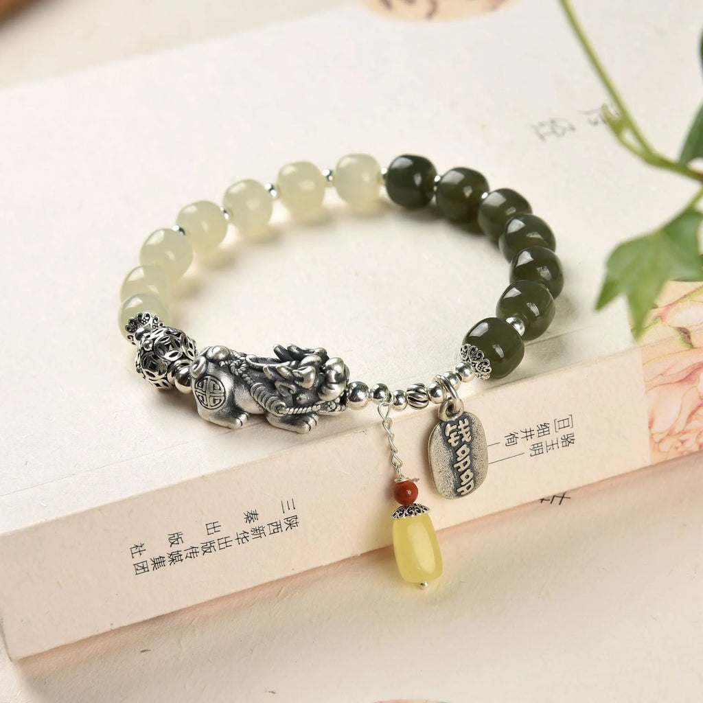 Pure silver coin bracelet with natural Hetian jade beads, 8x7mm, retro style for women