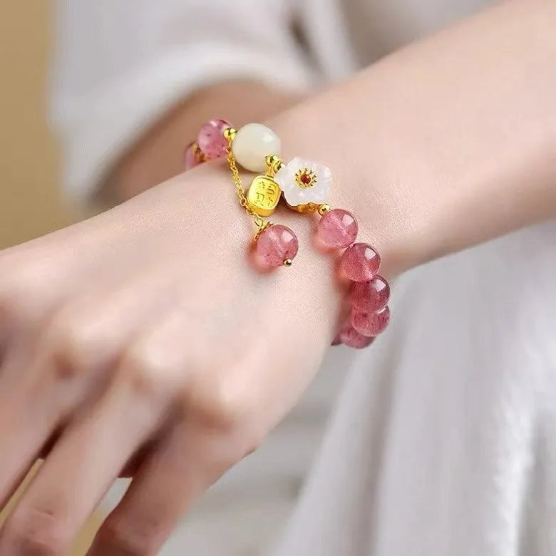Handmade Hetian jade and strawberry quartz crystal bracelet with five style options for women
