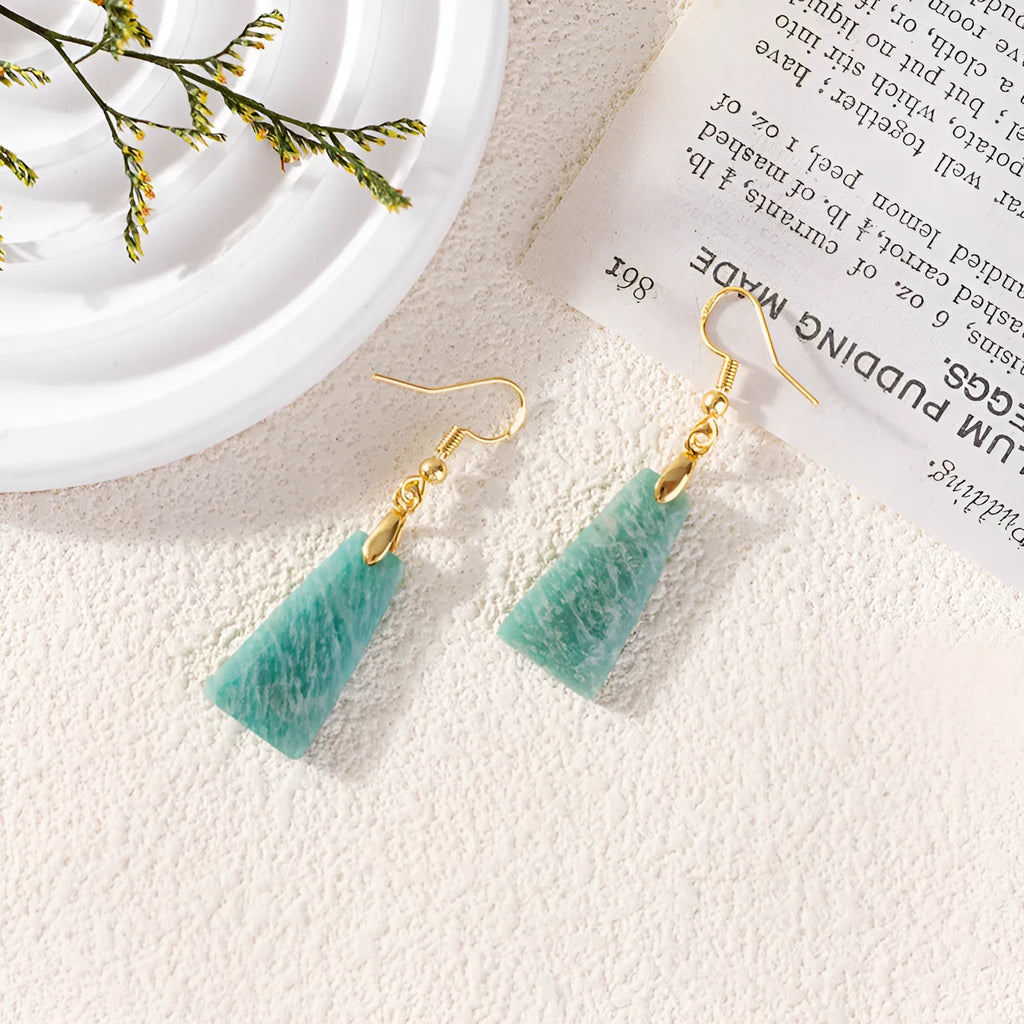 Amazonite rough stone trapezoid cut earrings with geometric design in gold setting