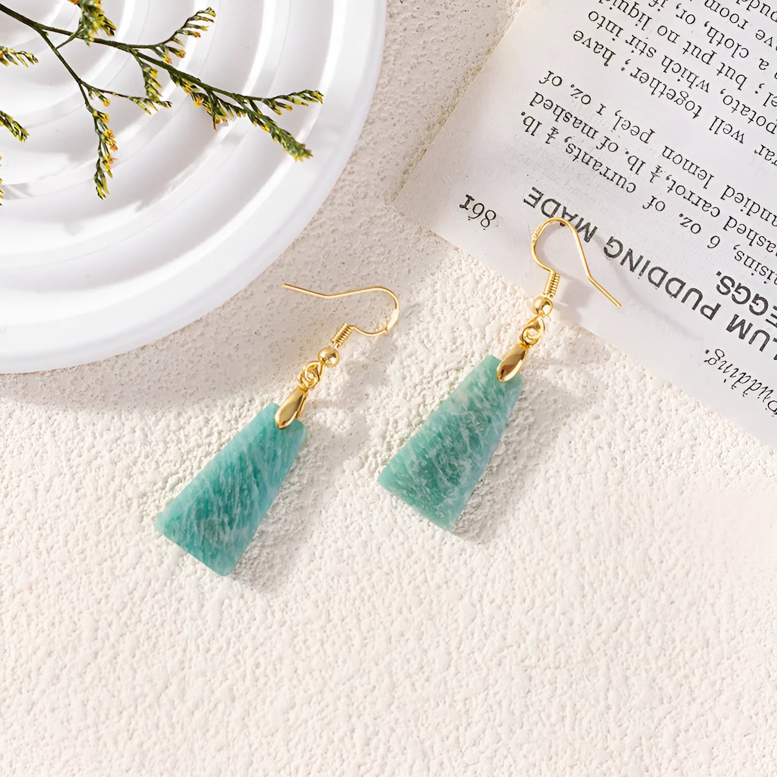 Amazonite rough stone trapezoid cut earrings with geometric design in gold setting