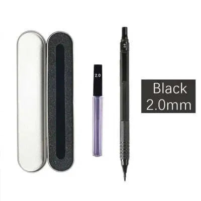 Silver metal automatic mechanical pencil with various lead size options shown.