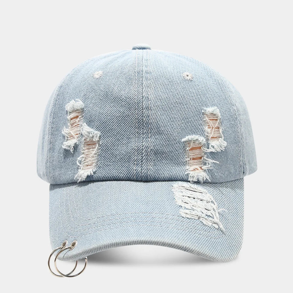 Men's cotton denim peaked cap in black with adjustable strap and dome crown for street style sunshade.