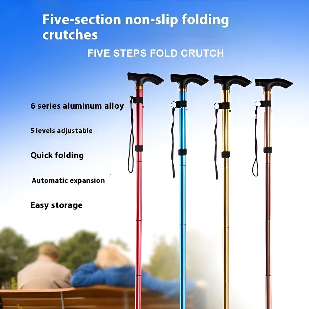 Aluminium folding cane with non-slip handle, shown extended to its adjustable height between 85-95cm.