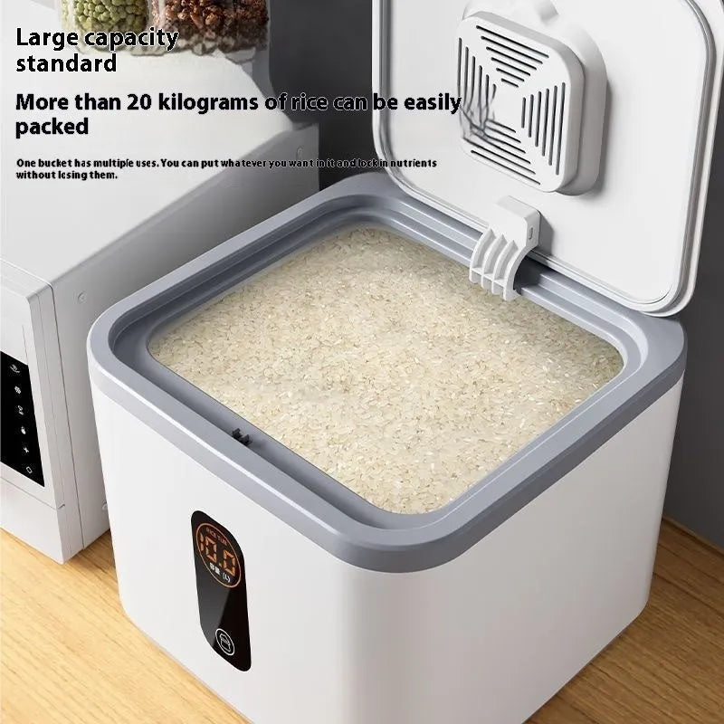 Grey plastic rice storage jar with lid, showing three size options for 10kg, 20kg and 30kg capacity