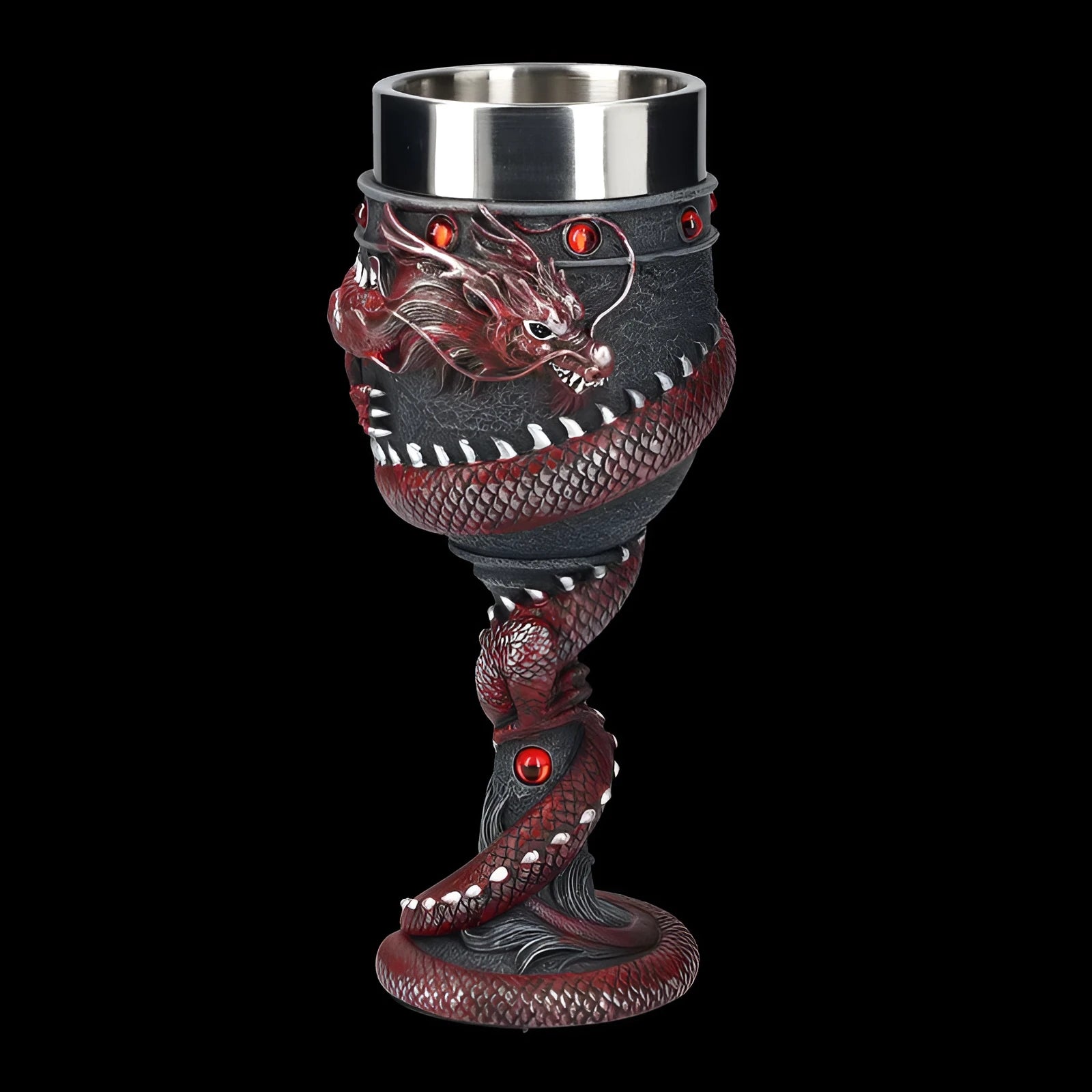 Red wine glass with 3D dragon design and stainless steel stem, 200ml capacity