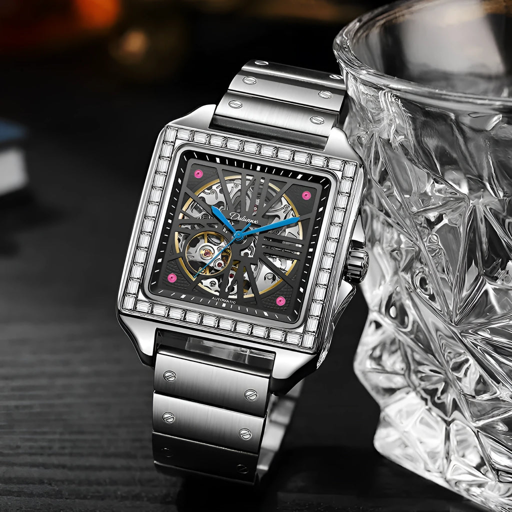 Square diamond-studded automatic watch for men with stainless steel belt