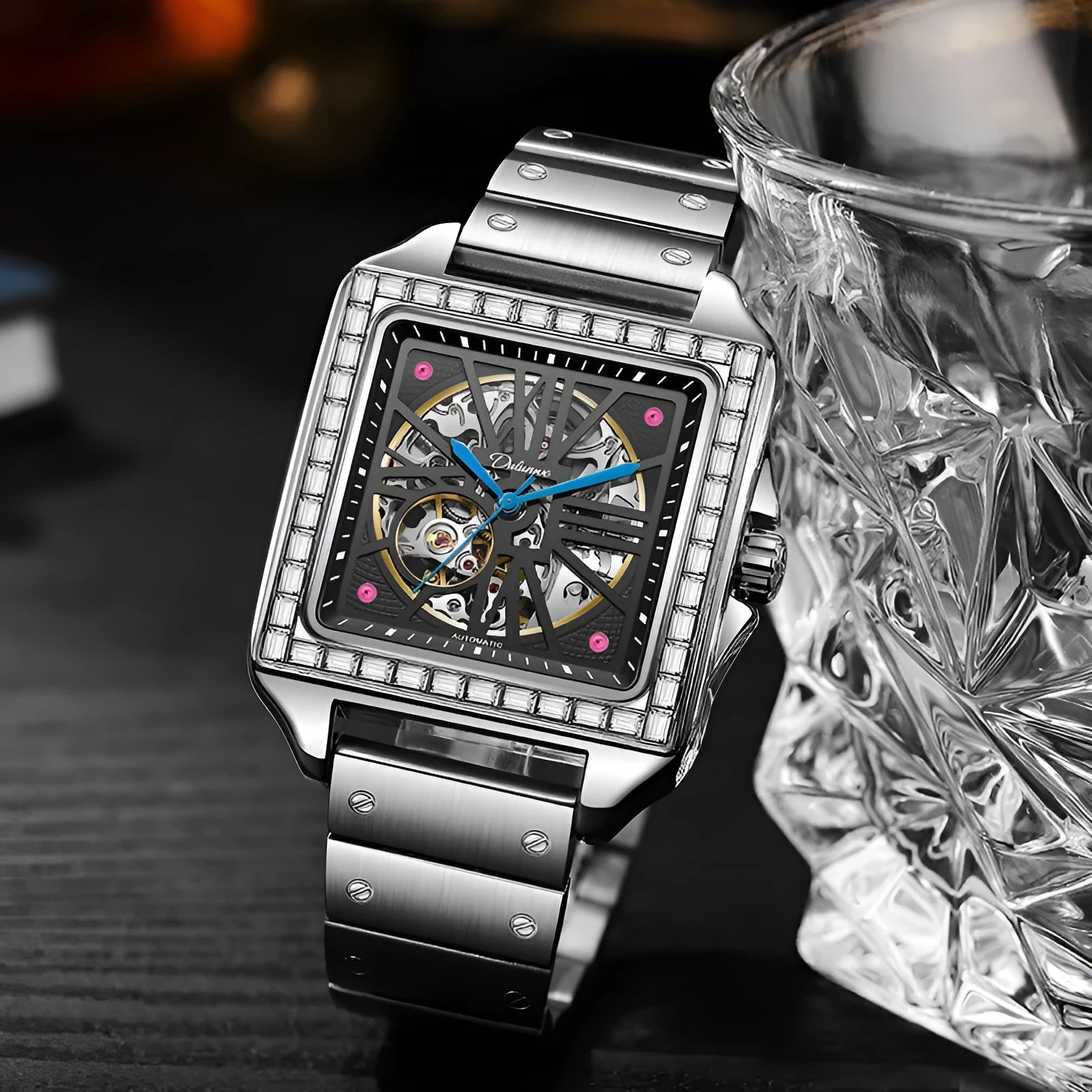 Square diamond-studded automatic watch for men with stainless steel belt