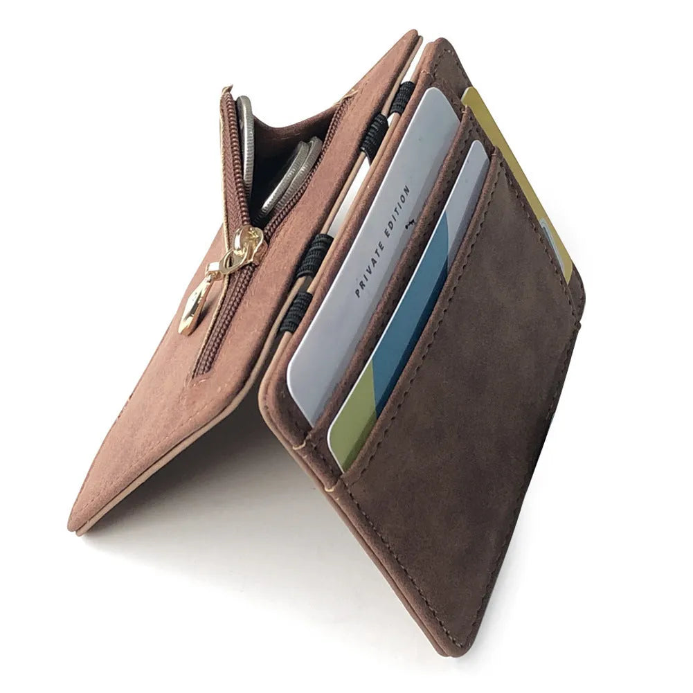 Matte leather magic wallet in horizontal square shape with sewing line details, shown in multiple colours