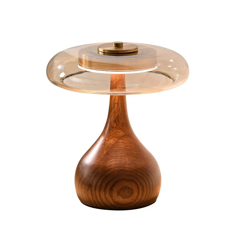 Solid wood Japanese retro bedside lamp with polished ash wood cognac shade and metal holder, low voltage