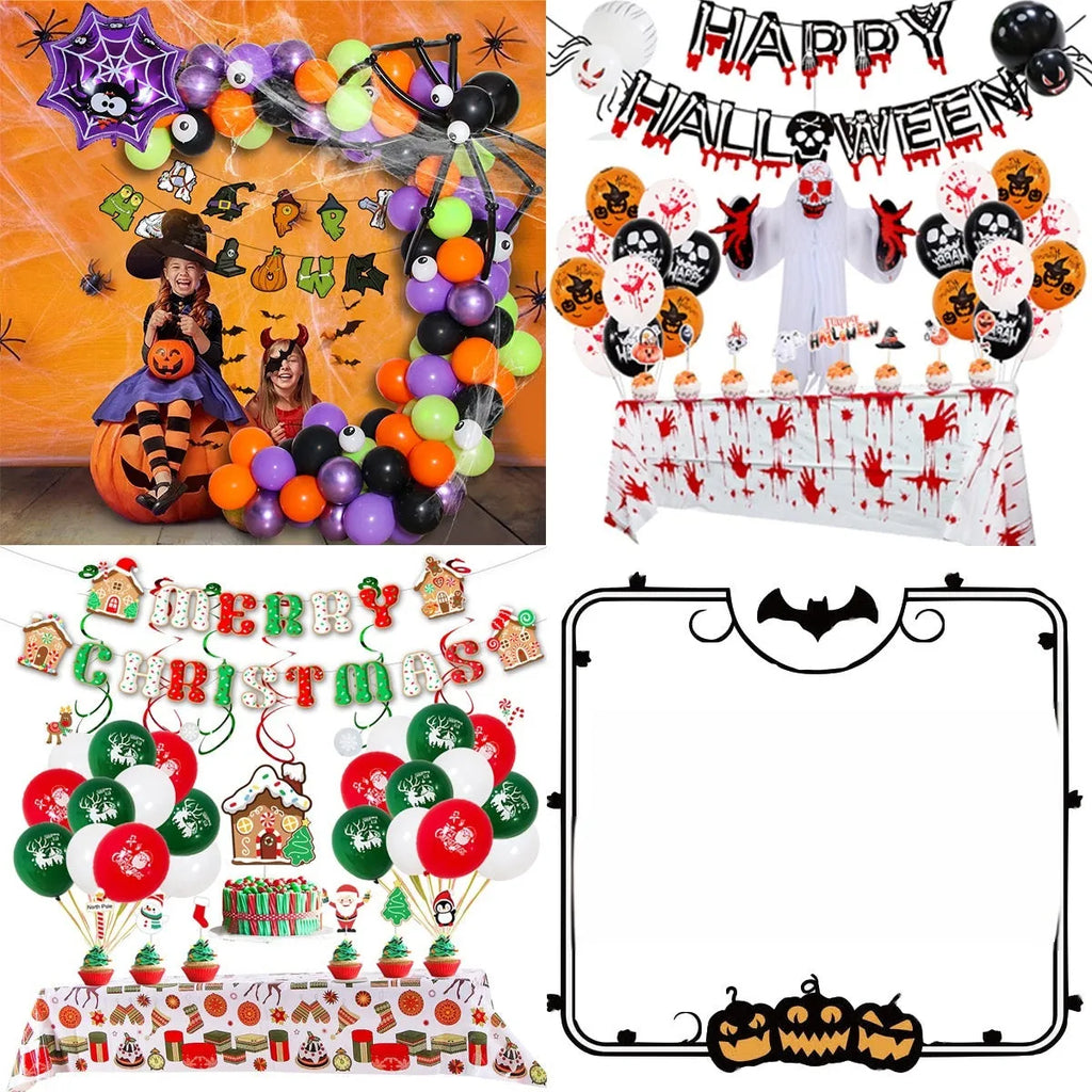 Halloween balloon decoration combo with a spider balloon arch in white and black.