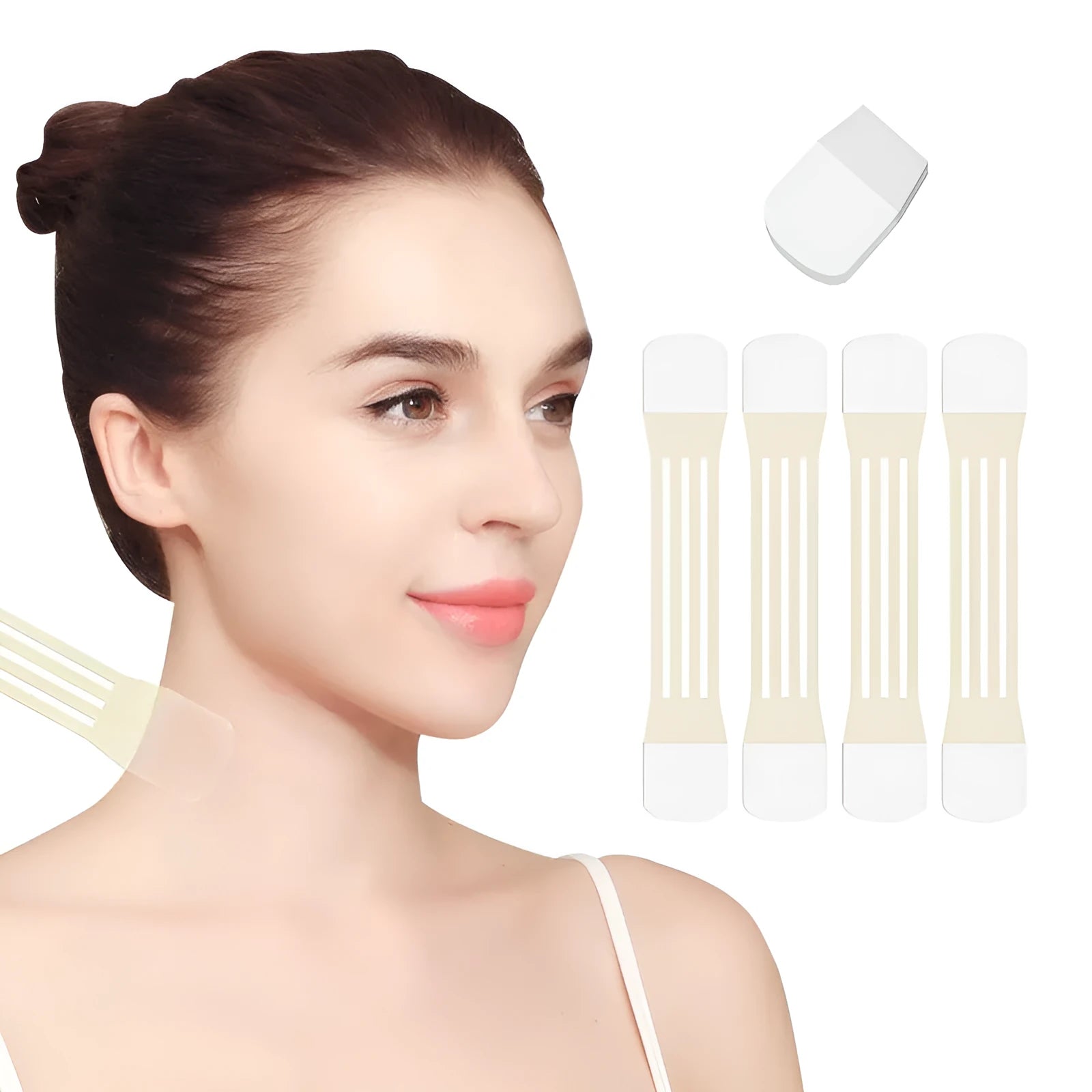 Skin-tone neck firming adhesive tape set with four lifting strips and twenty replacement patches