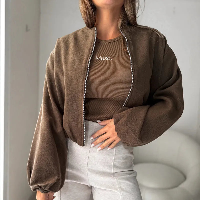 Women's off-shoulder jacket with lantern sleeves in polyester fabric, available in brown or milky white