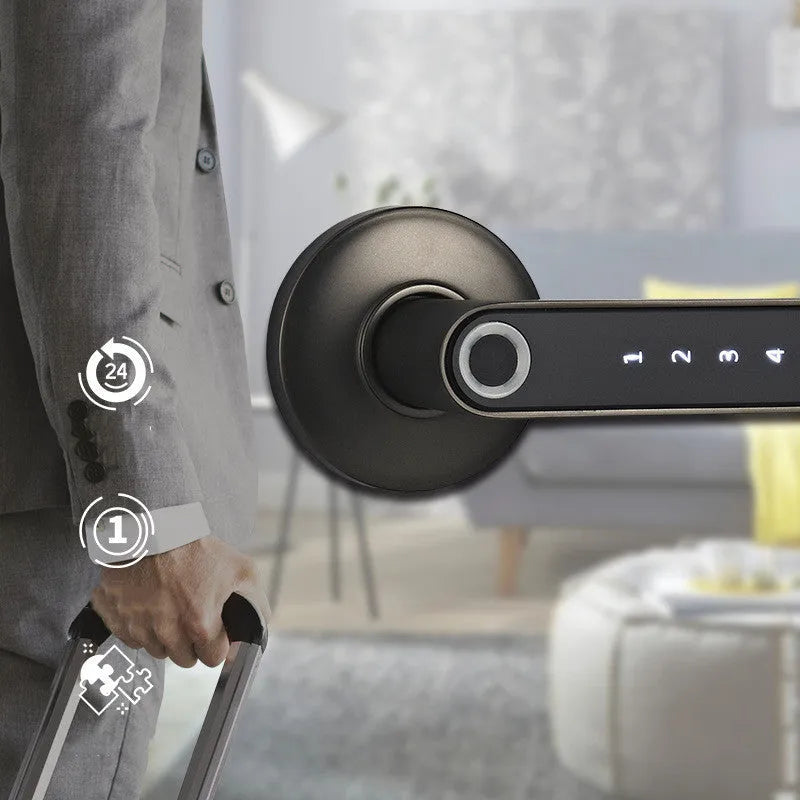 Black alloy smart lock with fingerprint sensor and keypad on a door handle for keyless home security