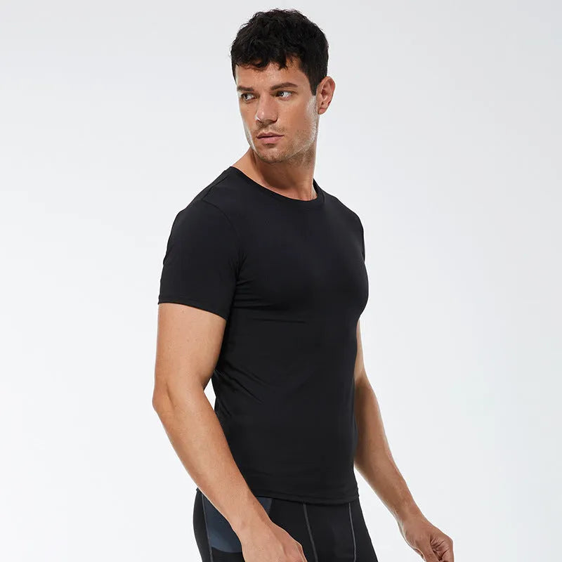 Men's quick dry stretch fitness shirt short sleeve solid colour polyester front view