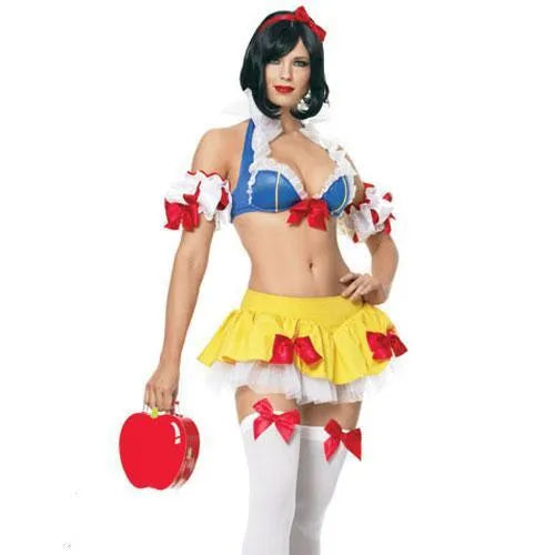 Snow White anime cosplay costume set with headdress, top, short skirt, and hand sleeves