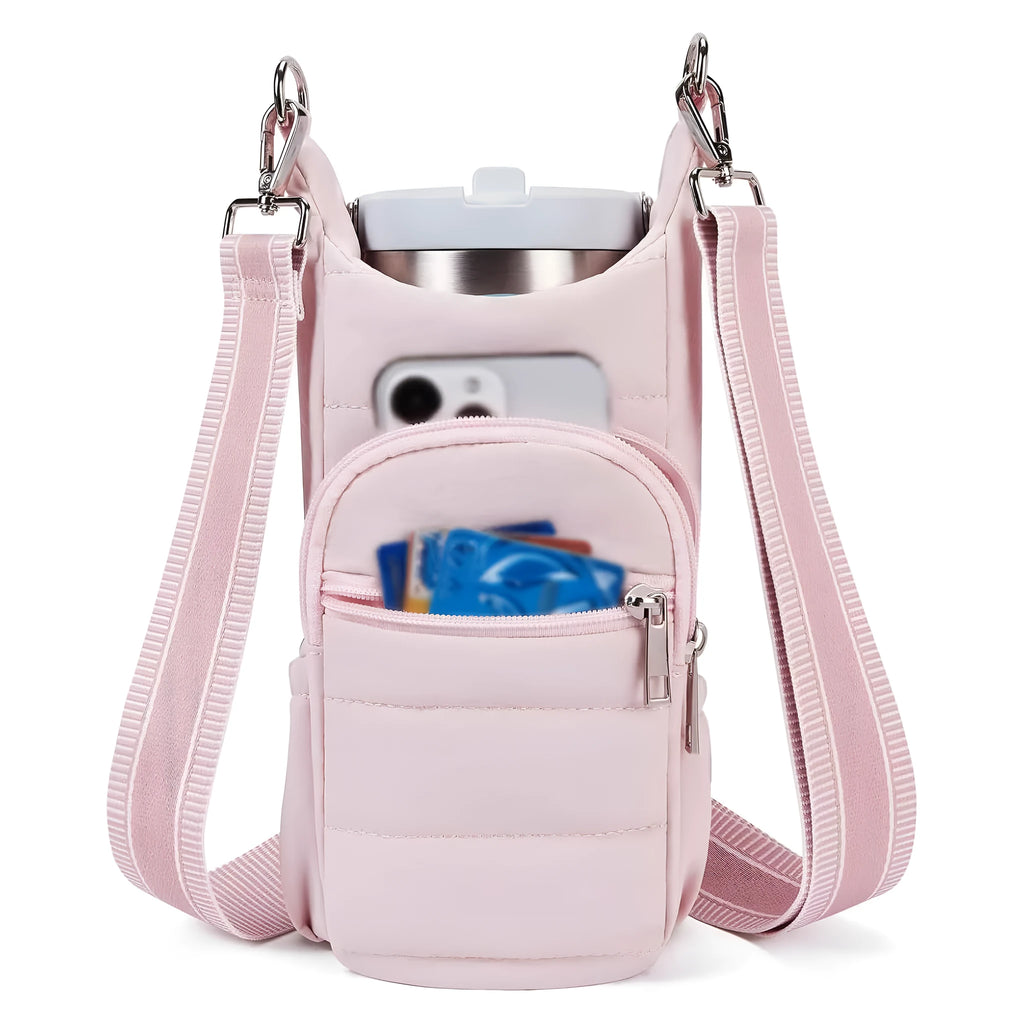 Bicycle water bottle bag in black, pink or beige colours with cloth construction and handlebar mount
