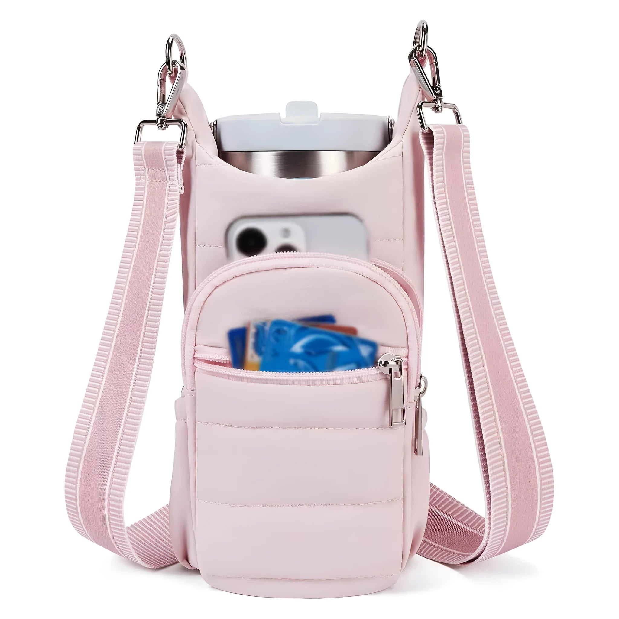 Bicycle water bottle bag in black, pink or beige colours with cloth construction and handlebar mount