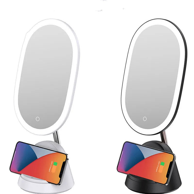 White multifunctional makeup mirror table lamp on desk, socket-powered, size 12.2x12.8x43.9 cm