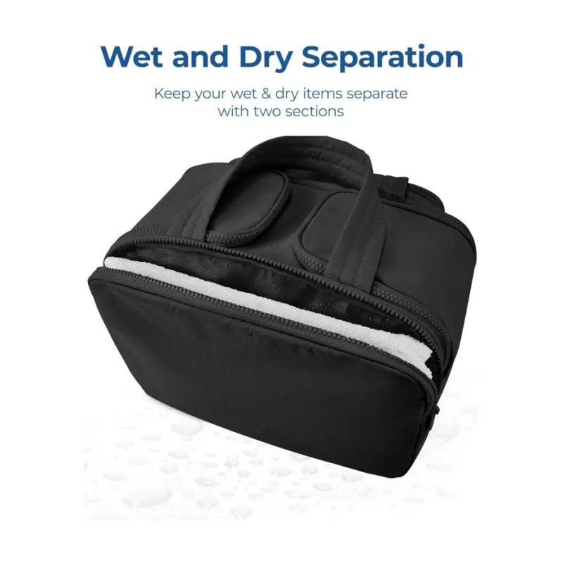 Large lightweight polyester travel toiletry bag with wide opening in beige colour on a neutral background.