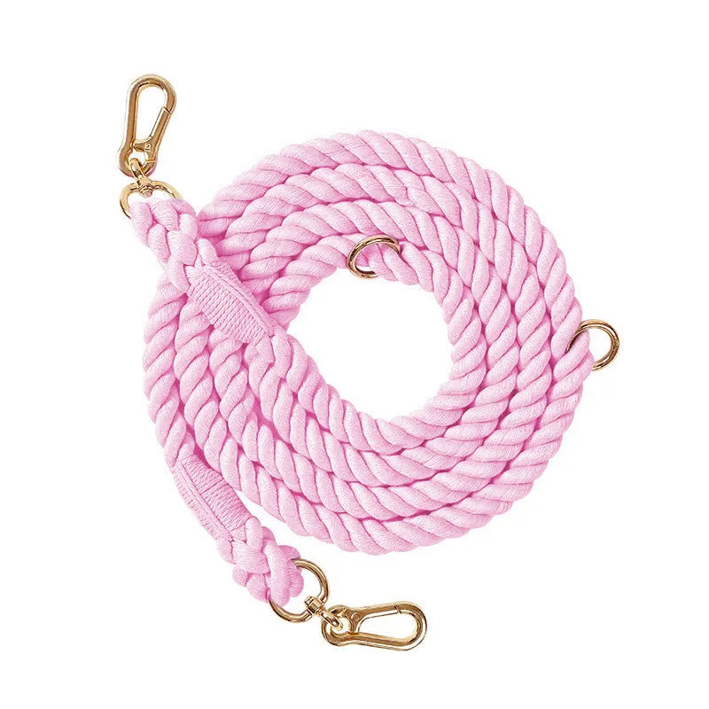 Woven rainbow double-head running dog leash in polyester cotton with gold accessories