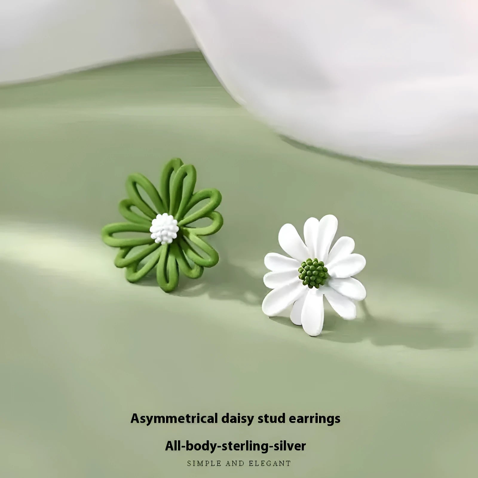 Alloy flower stud earrings in three two-tone colour combinations: white and green, yellow and white, blue and orange