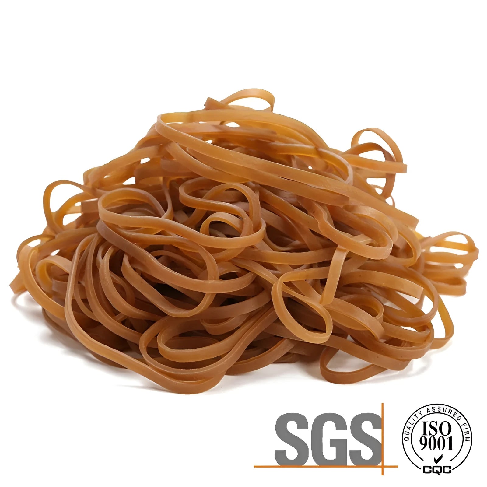 Circular natural rubber rings in natural colour on a surface in a 500g bulk bag
