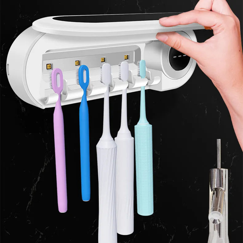 Ivory white wall mounted UV toothbrush sterilizer holder with digital display and 5 toothbrush slots