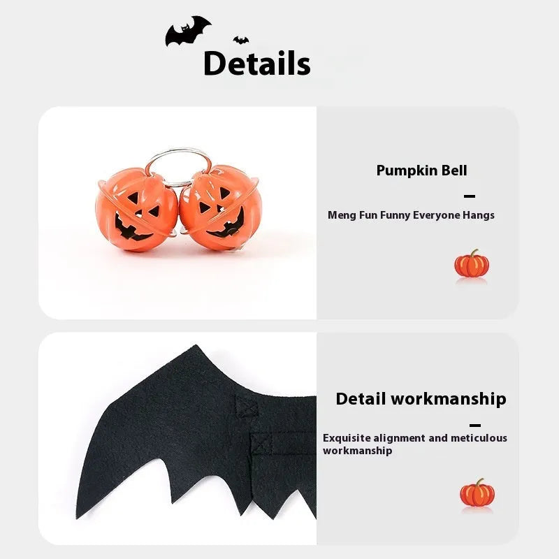 Black wings Halloween felt pet costume on a small cat with a bell accessory