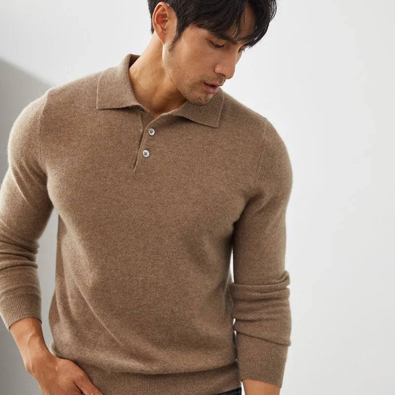 Men's cashmere polo collar pullover sweater in sapphire blue colour showing short sleeves and loose fit