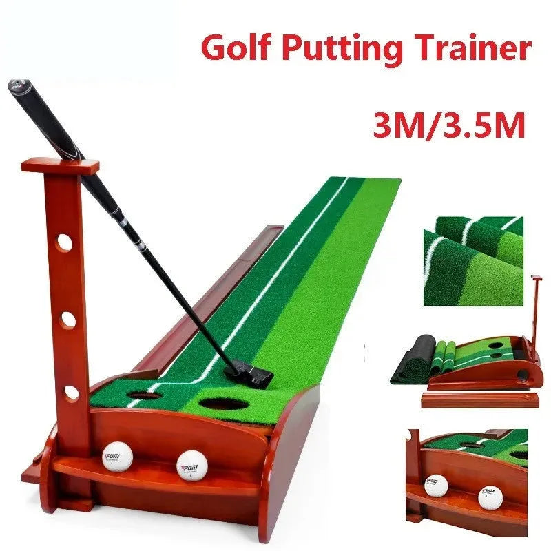 Indoor golf putter practitioner on solid wood base with dual colour raceway and automatic ball return in 3 metre length