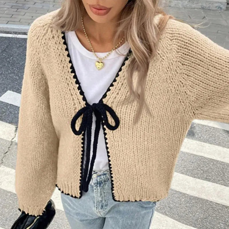 Lace-up cardigan with crocheted flowers in solid colour polyester, loose long sleeves