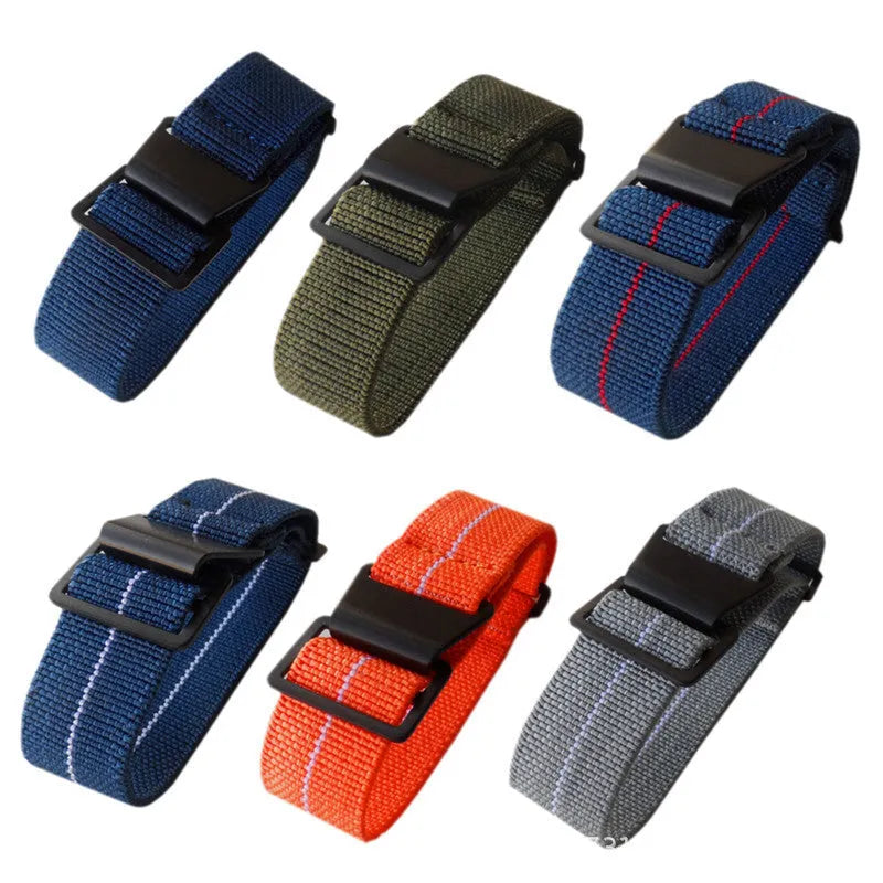 Elastic nylon parachute watchband in green with silver buckle, 20mm width