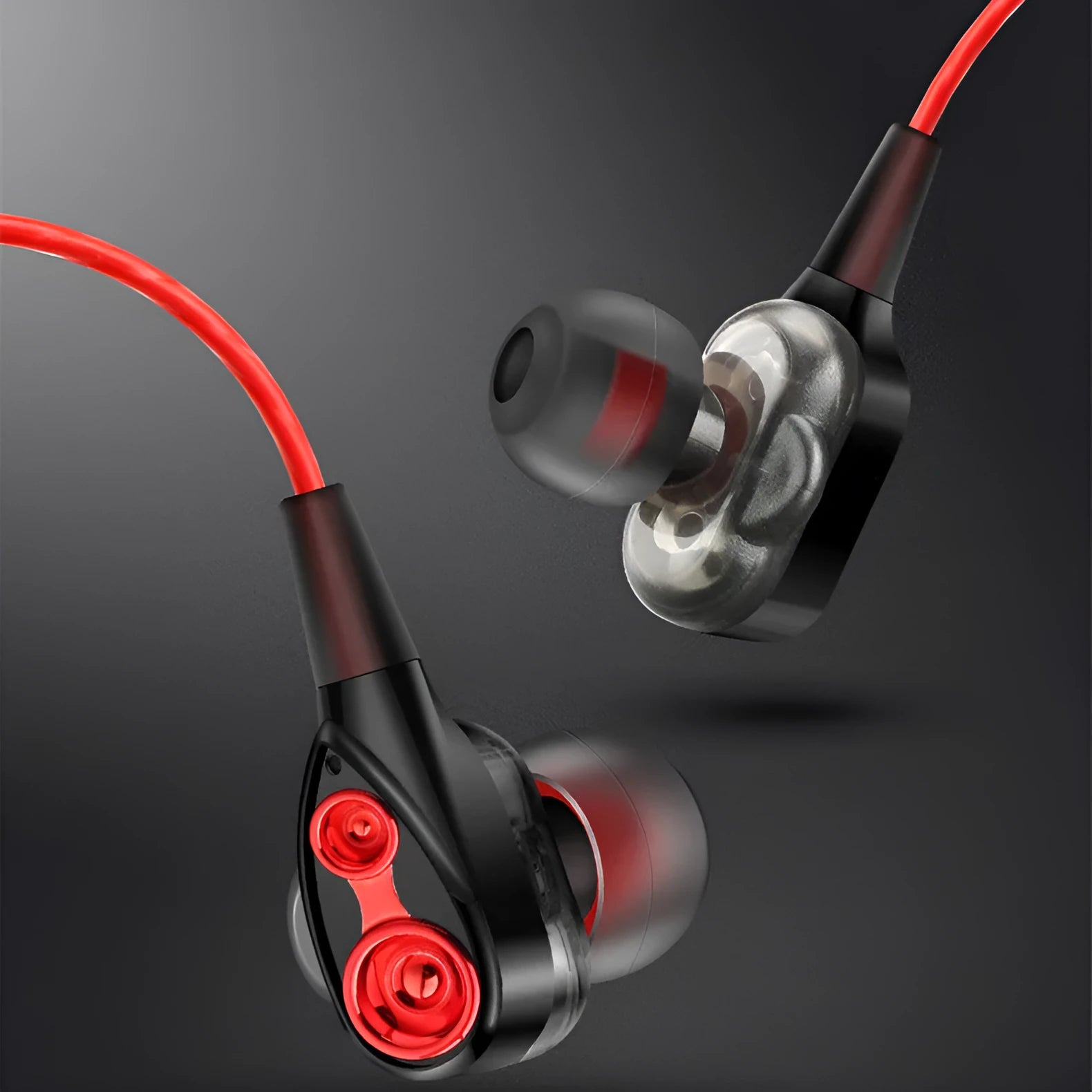 Red quad core dual dynamic metal subwoofer in-ear headphones with 3.5mm cable and inline microphone