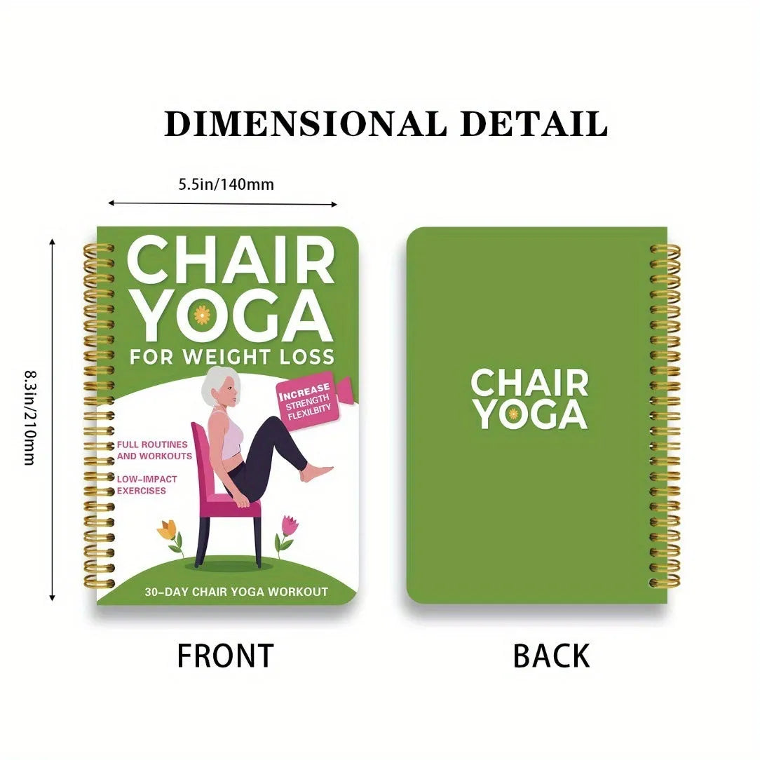 Green coil-bound 30-day chair yoga training guide notebook with calendar layout on a desk