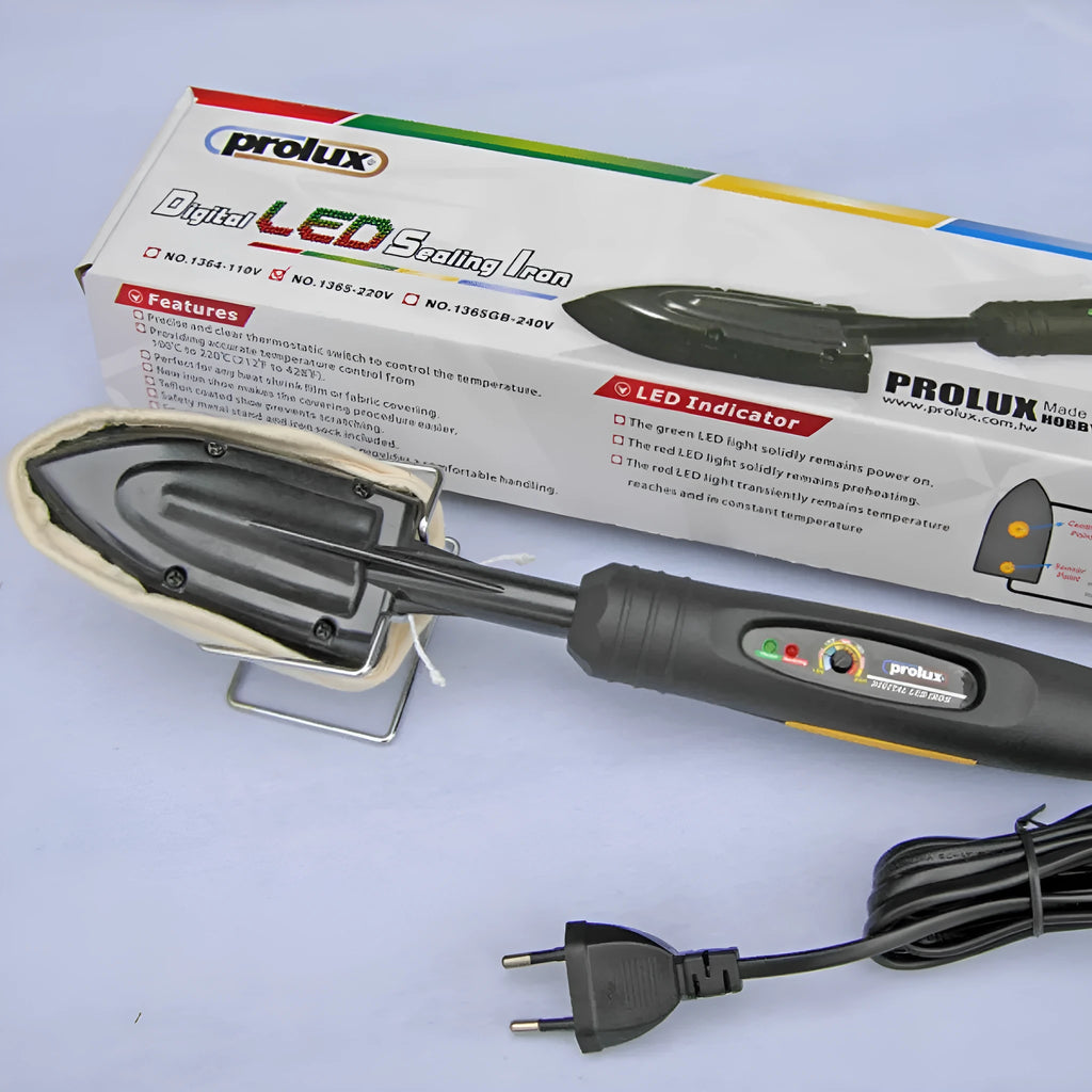 Electronic temperature control hair iron with adjustable heat settings, metal construction, and included accessories