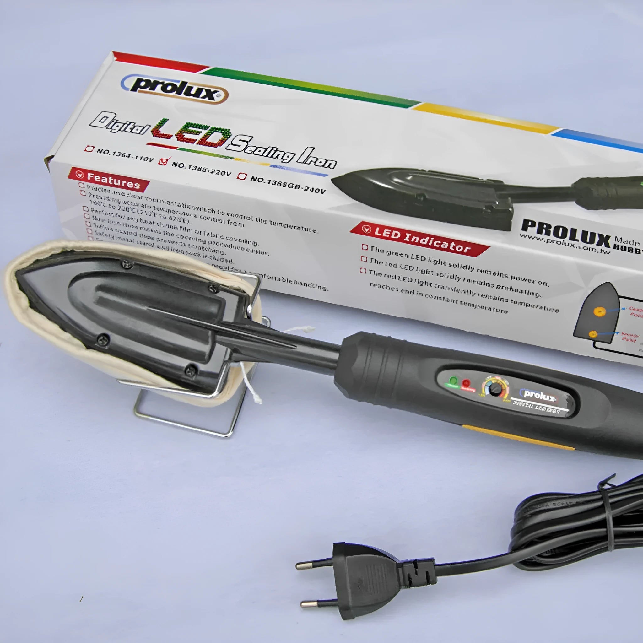 Electronic temperature control hair iron with adjustable heat settings, metal construction, and included accessories