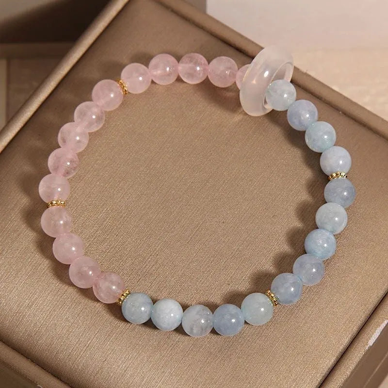 Women's light luxury handmade mixed material crystal bracelet with round beads in pink blue colour